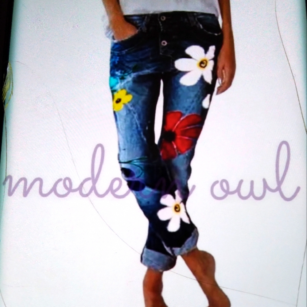 Modern Owl painted flower Jeans